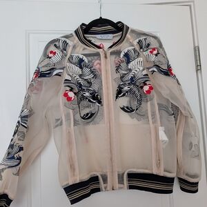 Source Unknown Women's Sheer Embroidered Bomber Jacket - Cream and Black
